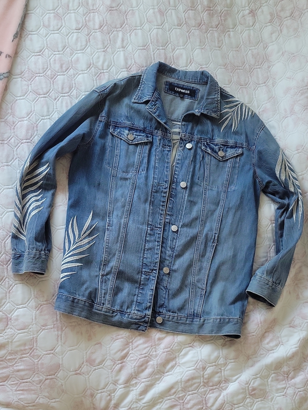 Express Blue Denim Jacket with White Leaf Accents